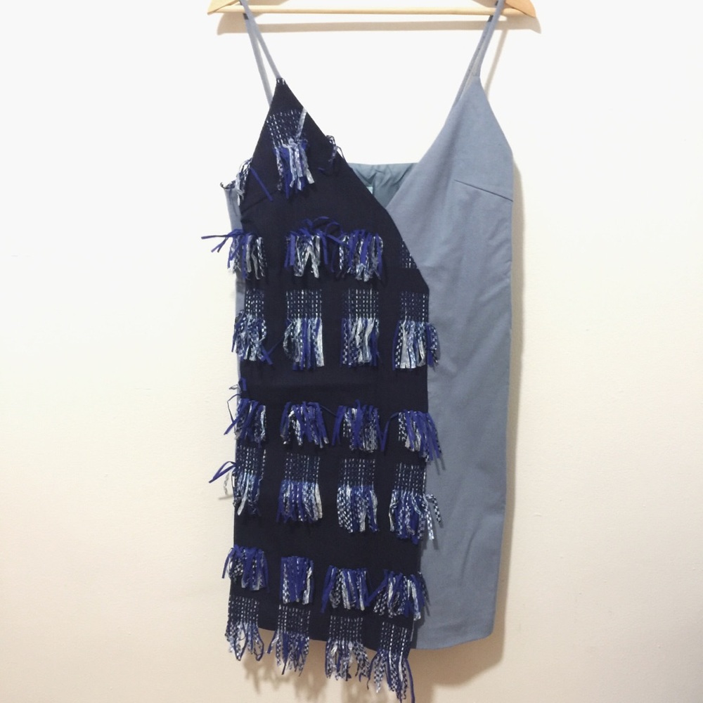 Blue light wool dress with tassel embelishment